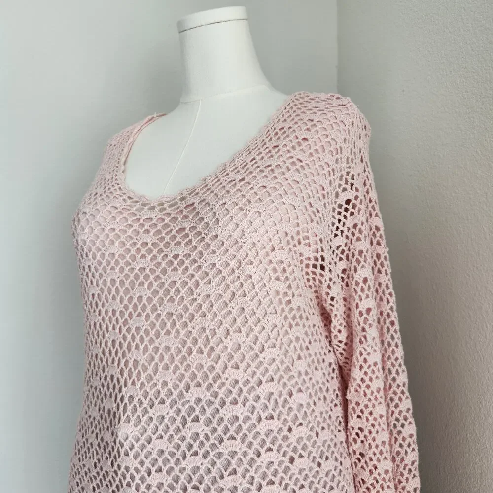Vintage Y2K Croft & Barrow Pink Crochet Knit Boho Chic 3/4 Sleeve Top L